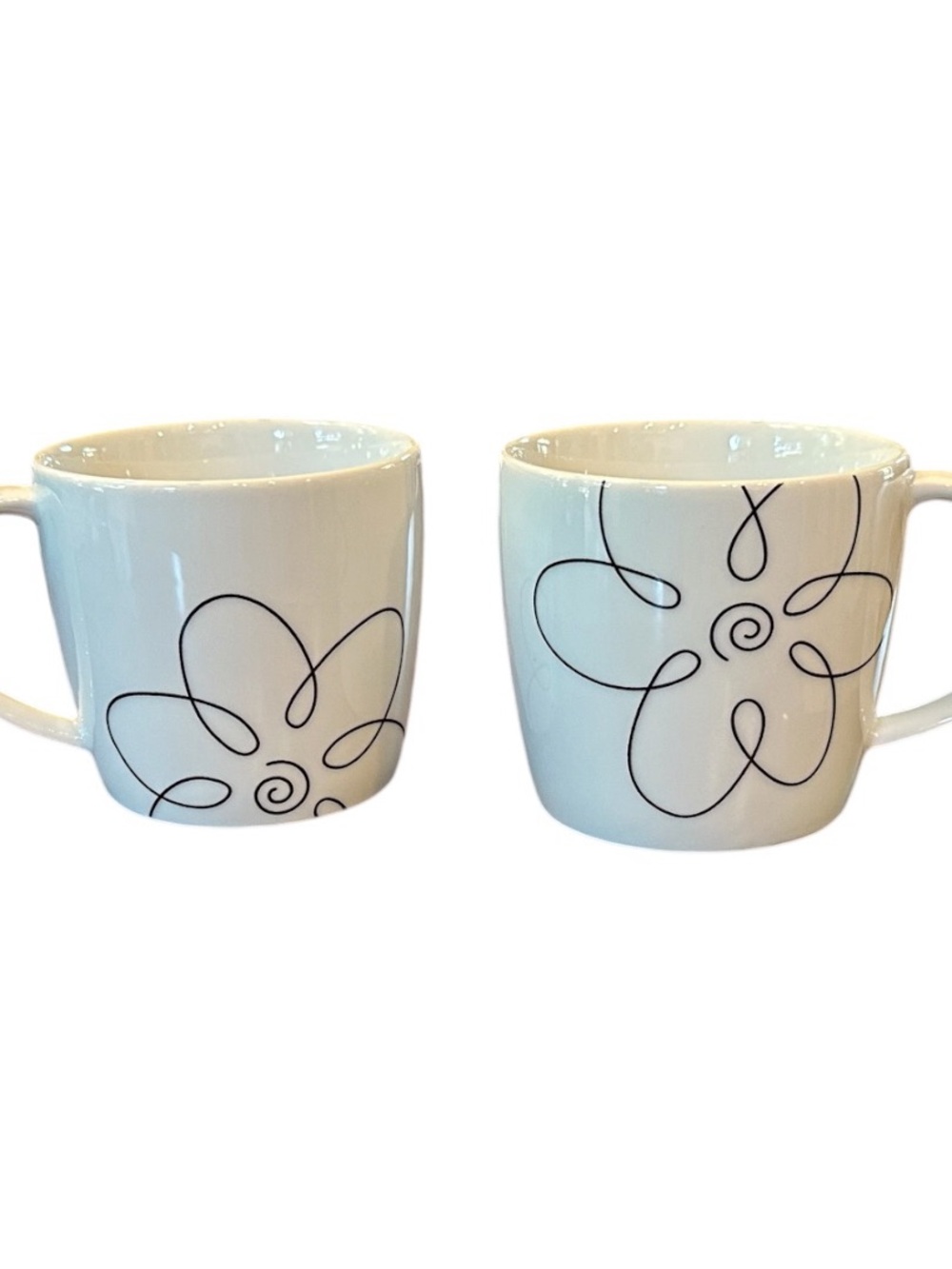 Crate&Barrel White Ceramic Mugs with Black Floral Line Design - Set of 2